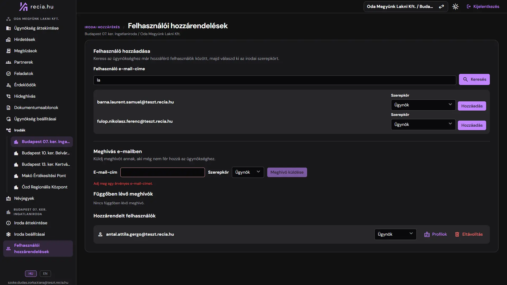 Felhasználói szerepkörök és irodai hozzárendelések a Récia rendszerben