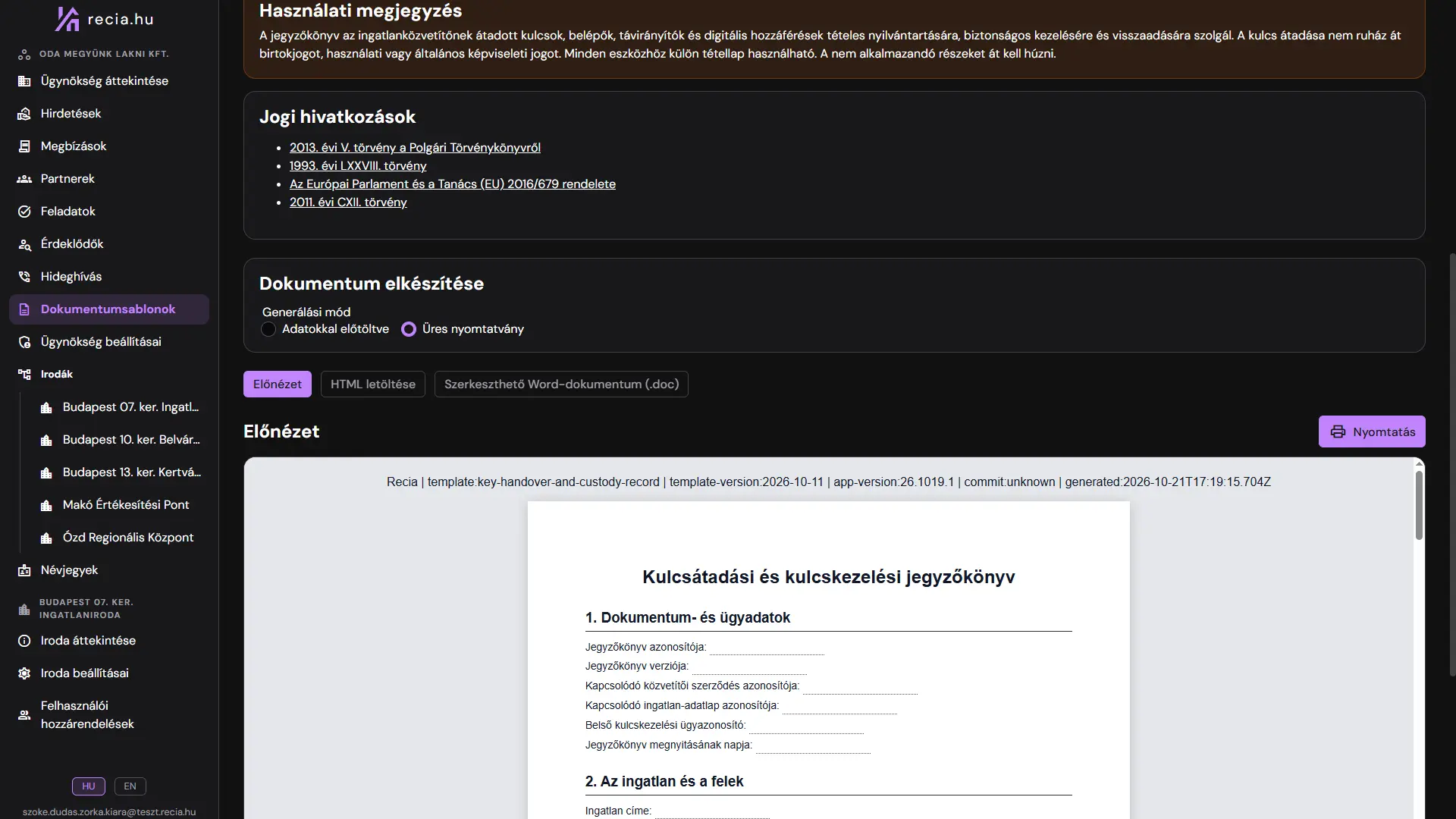 Ingatlanszakmai dokumentum előnézete letöltési és nyomtatási lehetőségekkel