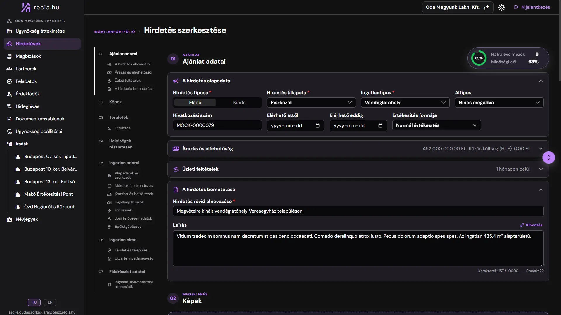 A Récia ingatlan CRM kipróbálható hirdetésszerkesztő felülete