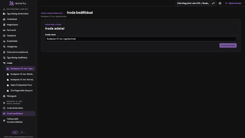 Iroda információinak szerkesztése